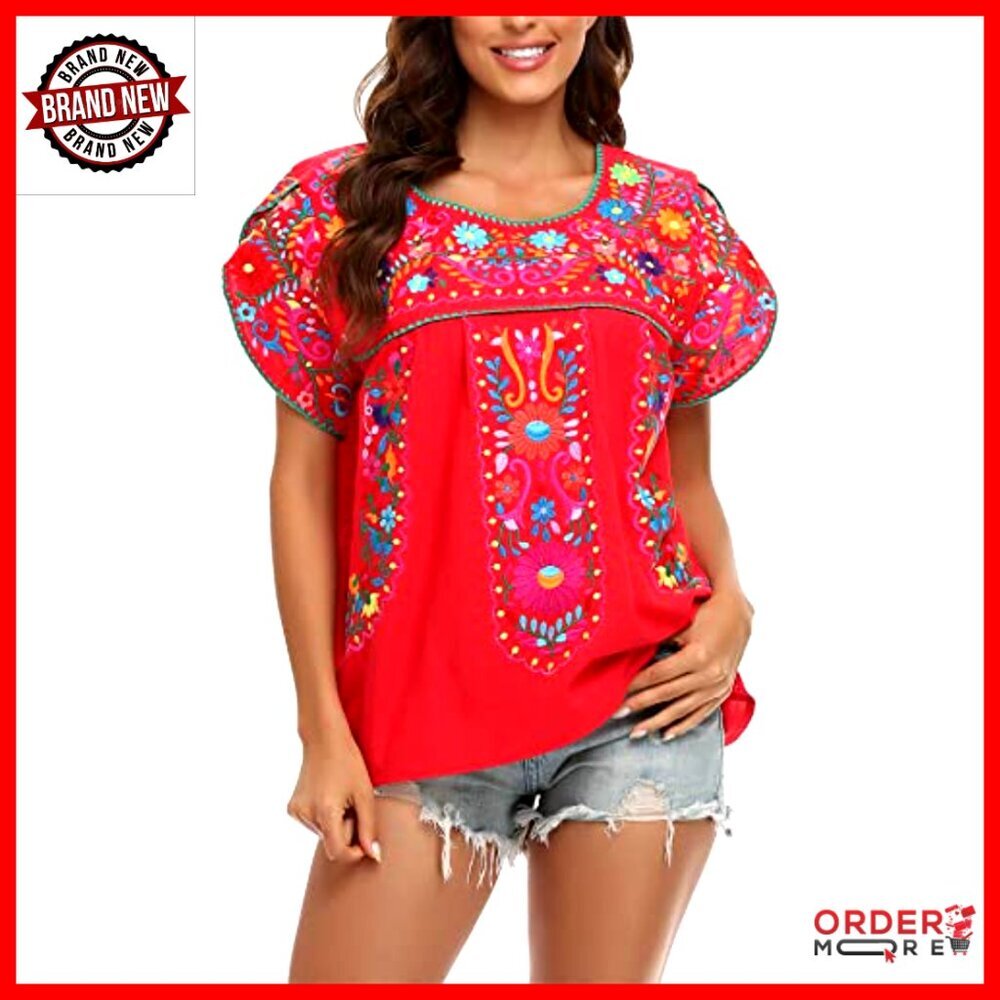 Boho Embroidery Tunic Top, Cotton Peasant Blouse, Relaxed Fit, True to Size - Picture 6 of 7
